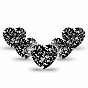ExpressionMed Fleur de lis Freestyle Libre 3 Heart Shape Tape 5-Pack Sticker and Tape White and black stems Overlay Patch CGM Design