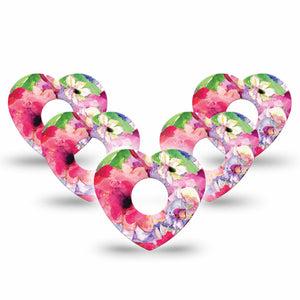ExpressionMed Watercolor Red Flowers Freestyle Libre 3 Heart Shape Tape 5-Pack Bold Pink Flowers Patch CGM Design