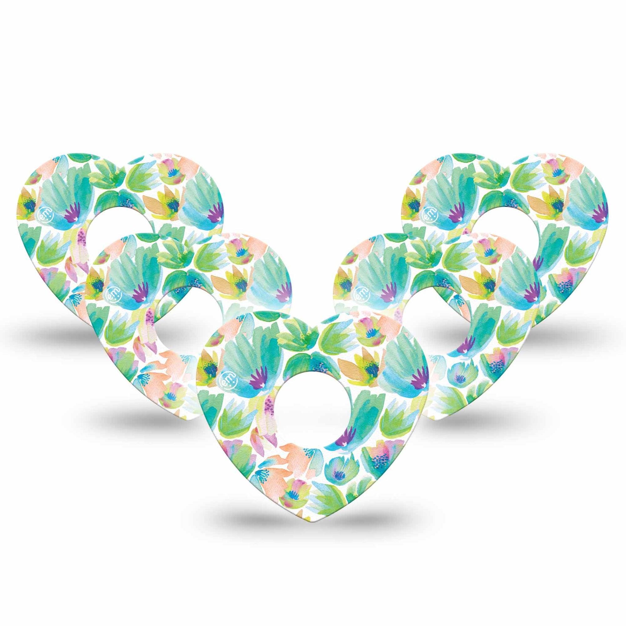 ExpressionMed Happy Go Lucky Flowers Freestyle Libre 3 Heart Shape Tape 5-Pack Green And Peachy Lightly Painted Petals Patch CGM Design