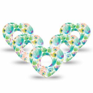 ExpressionMed Happy Go Lucky Flowers Freestyle Libre 3 Heart Shape Tape 5-Pack Green And Peachy Lightly Painted Petals Patch CGM Design