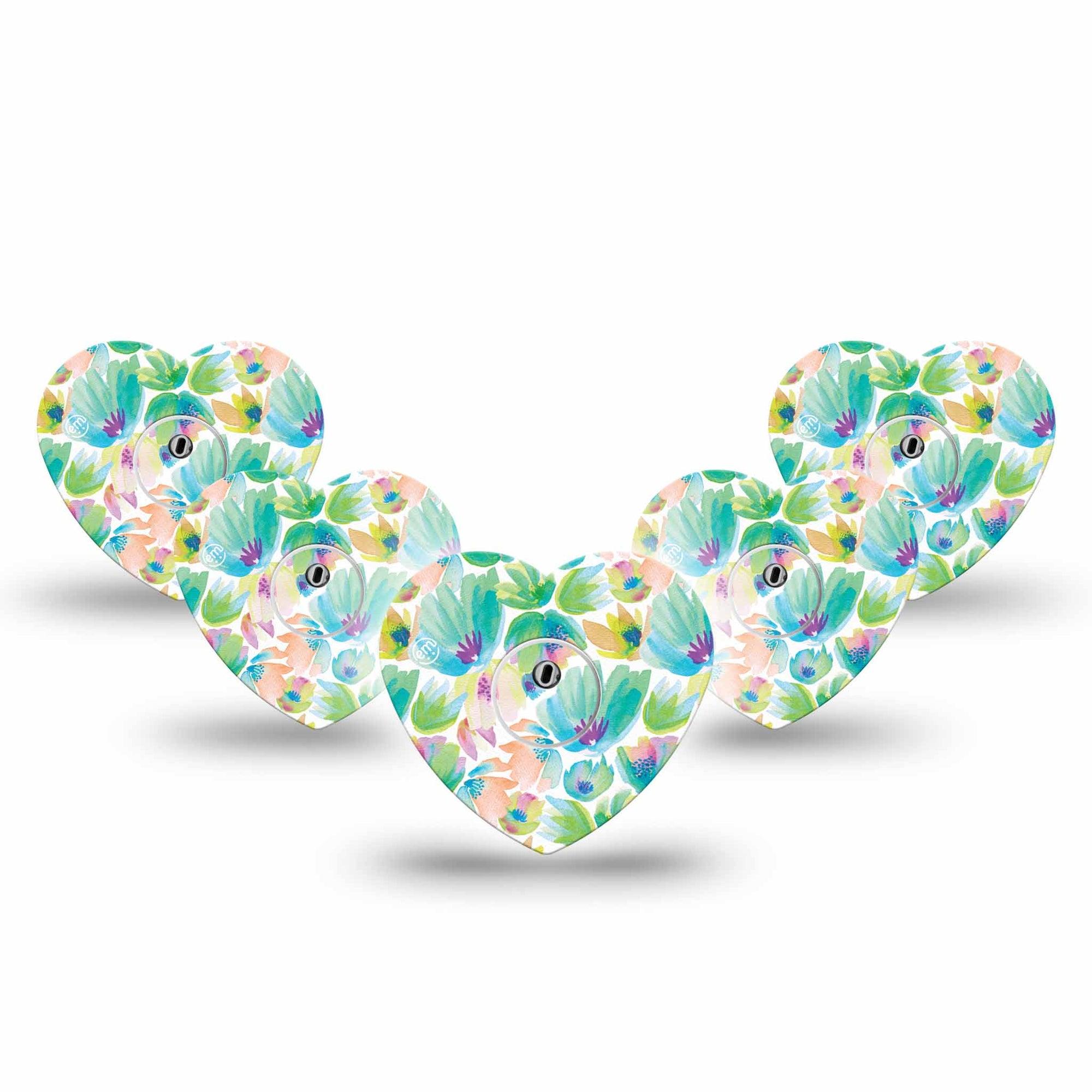 ExpressionMed Happy Go Lucky Flowers Freestyle Libre 3 Heart Shape Tape 5-Pack Tape and 5-Pack Sticker Brightly Colored Florals Patch CGM Design