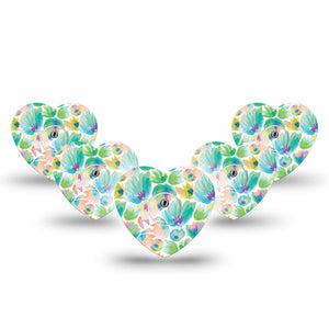 ExpressionMed Happy Go Lucky Flowers Freestyle Libre 3 Heart Shape Tape 5-Pack Tape and 5-Pack Sticker Brightly Colored Florals Patch CGM Design