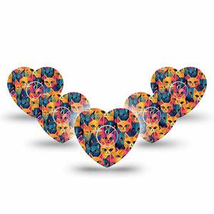 ExpressionMed Catorama Freestyle Libre 3 Heart Shape Tape 5-Pack Tape and 5-Pack Sticker Vivid Bright Cat Patchwork Art Patch CGM Design