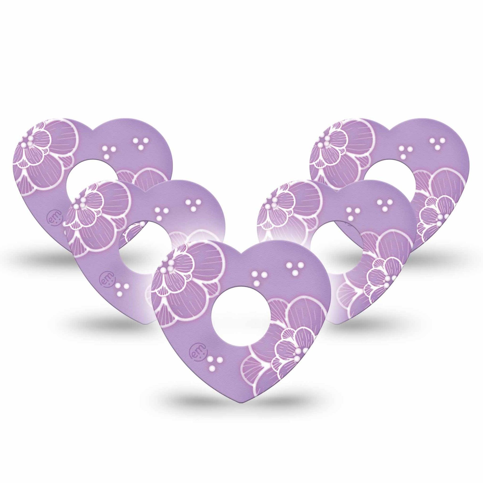 ExpressionMed Purple Flowers Freestyle Libre 3 Heart Shape Tape 5-Pack Tape Cute Purple Blossoms, Patch CGM Design