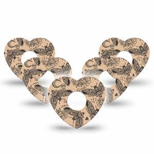 ExpressionMed Tattoo Print Freestyle Libre 3 Heart Shape Tape 5-Pack Tape Floral Moon Moth Insect, Patch CGM Design