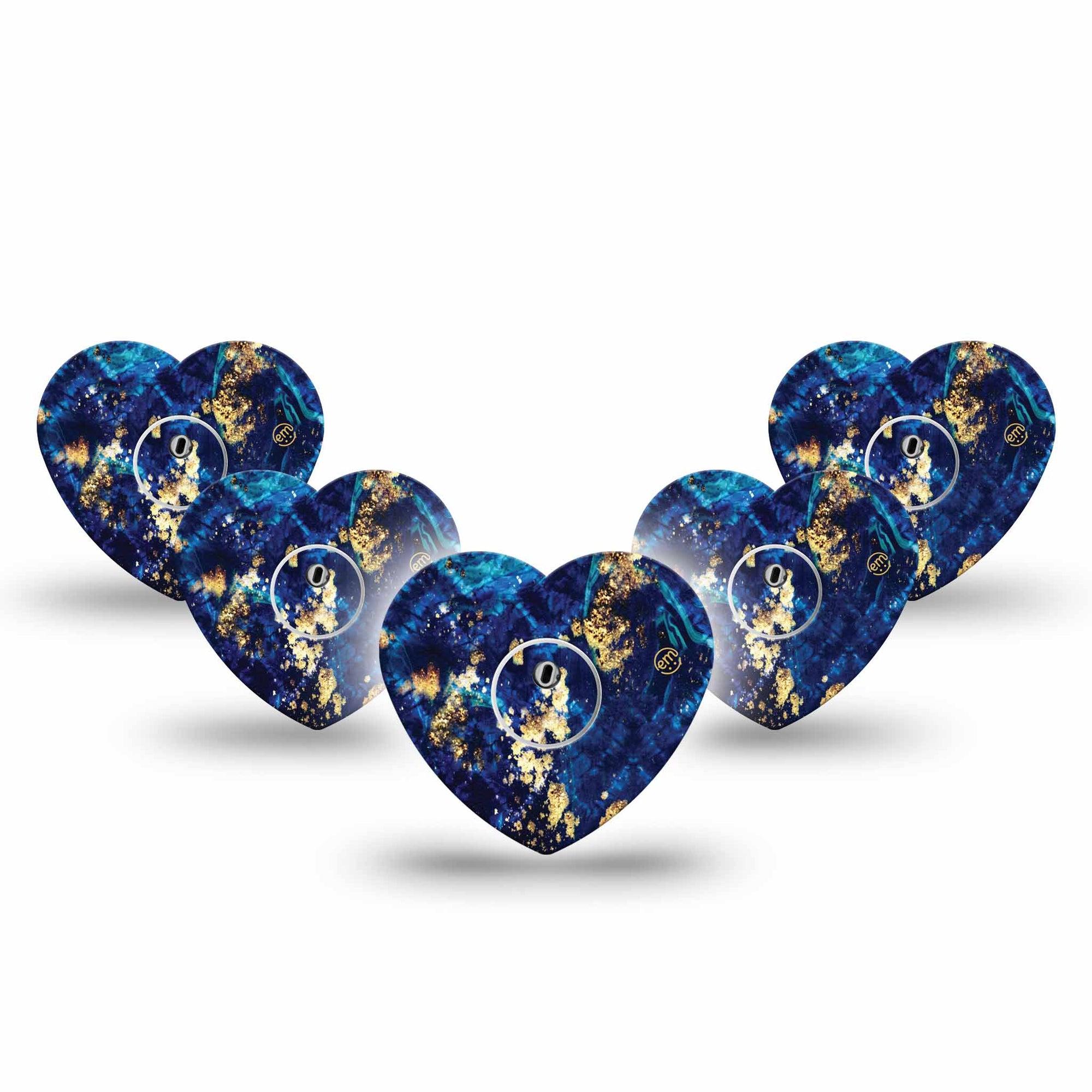 ExpressionMed Molten Midnight Freestyle Libre 3 Heart Shape Tape 5-Pack Tape and 5-Pack Sticker Shades Of Blue Gold Foil Pattern, Patch CGM Design