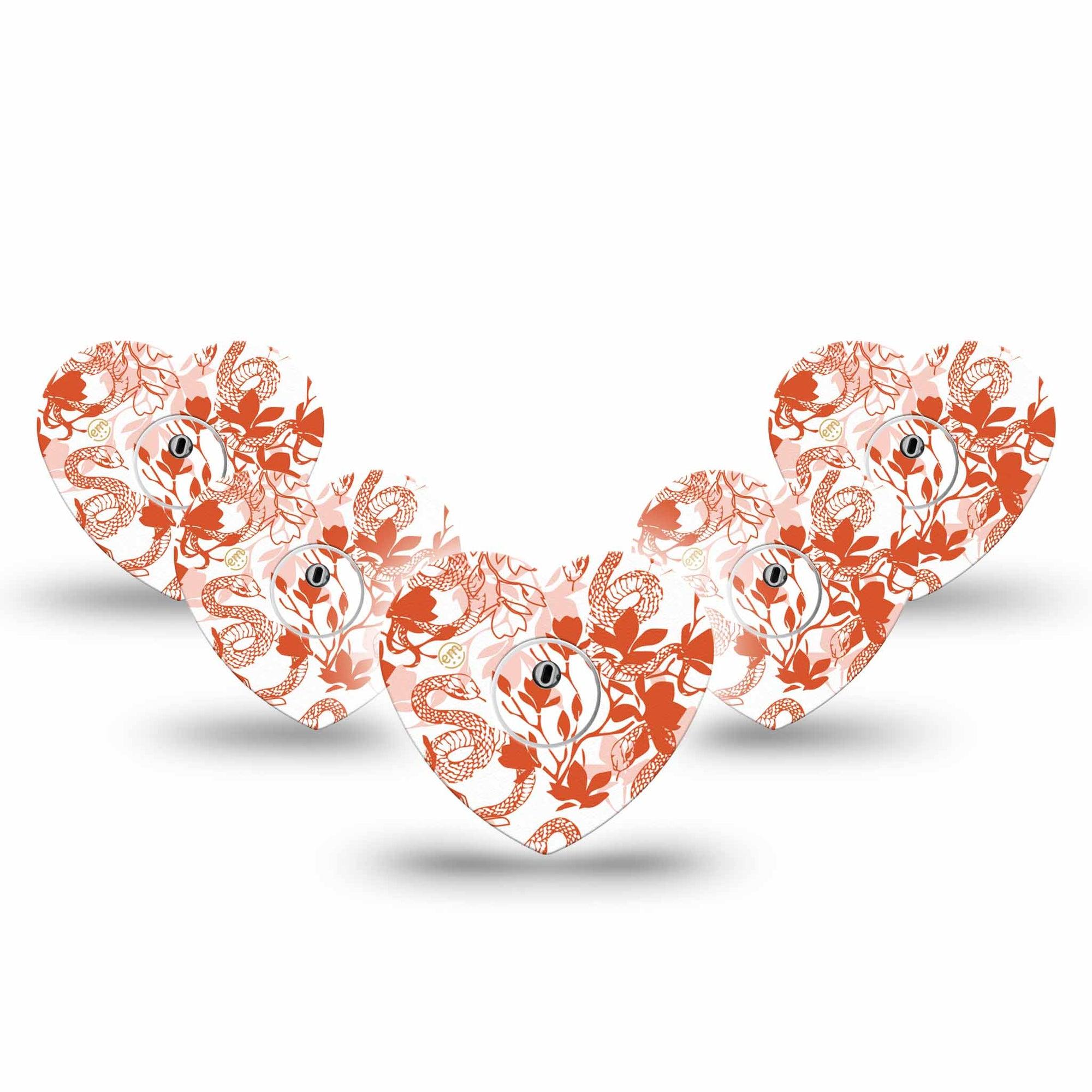 ExpressionMed Lava Coil Floral Freestyle Libre 3 Heart Shape Tape 5-Pack Tape and 5-Pack Sticker Decorated Orange Snake Plant, Patch CGM Design