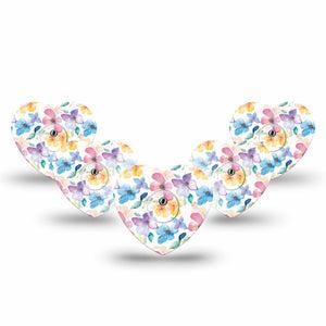ExpressionMed Luminous Florals Freestyle Libre 3 and Libre 3 Plus Heart Shape Tape 5-Pack Tape and 5-Pack Sticker Pastel Multicolored Petals, Patch CGM Design