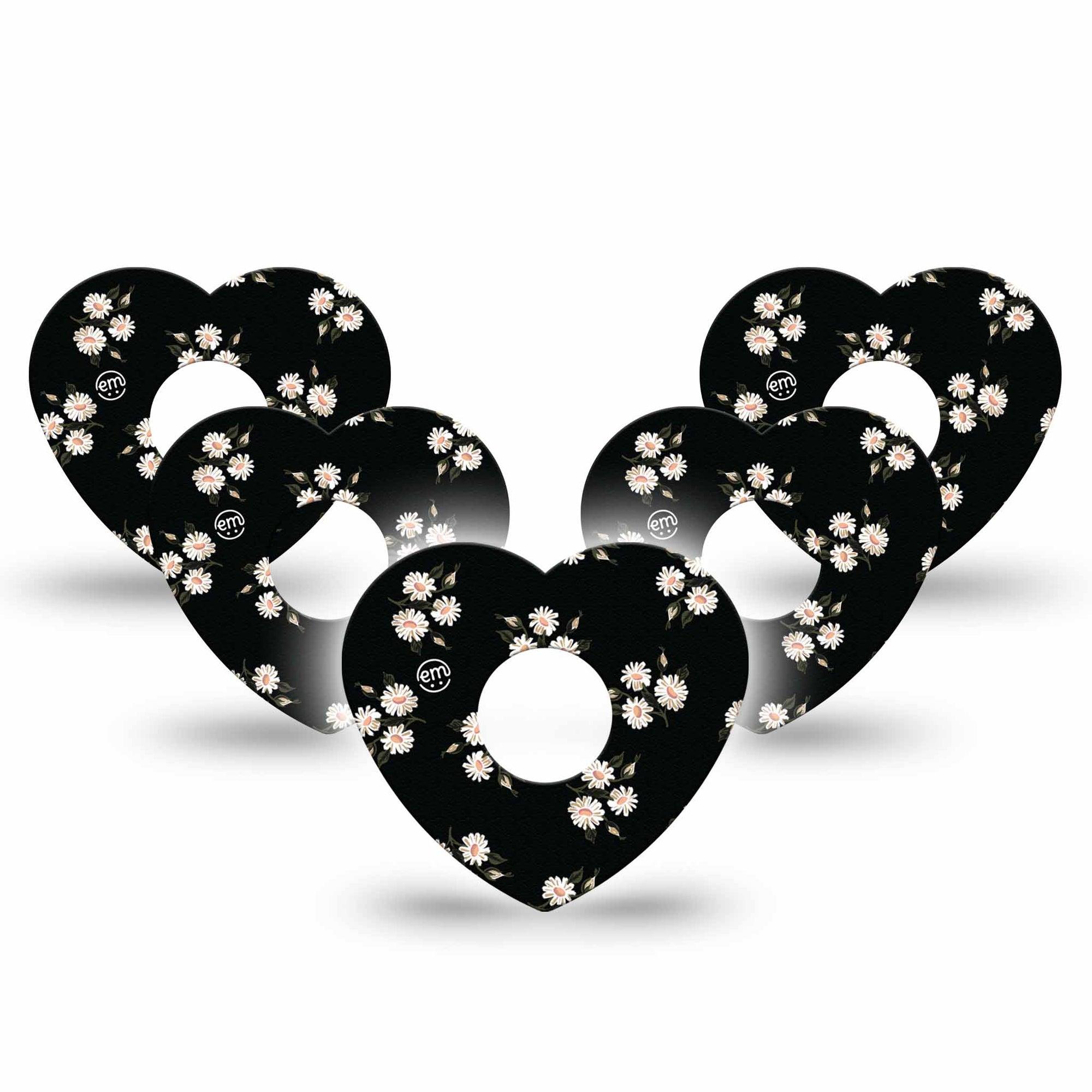 ExpressionMed Black Daisies Freestyle Libre 3 and Libre 3 Plus Heart Shape Tape 5-pack Tape Black And White Classical Daisy Florals, Patch CGM Design