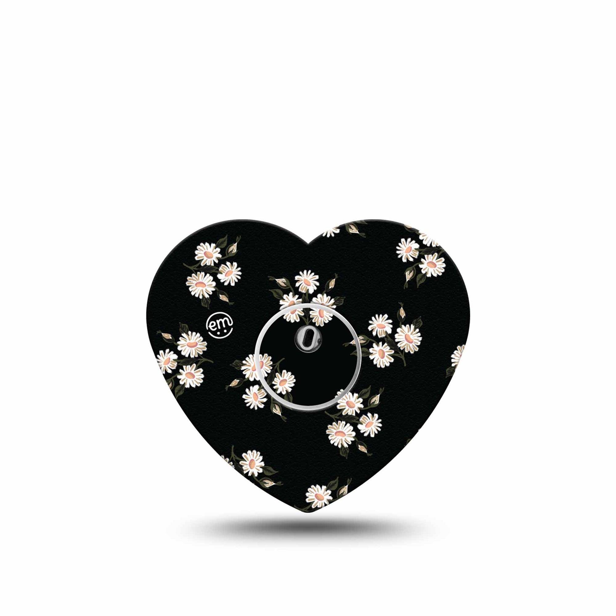 ExpressionMed Black Daisies Freestyle Libre 3 and Libre 3 Plus Heart Shape Tape Single Tape and Single Sticker Classy Daisy Pattern, Patch CGM Design