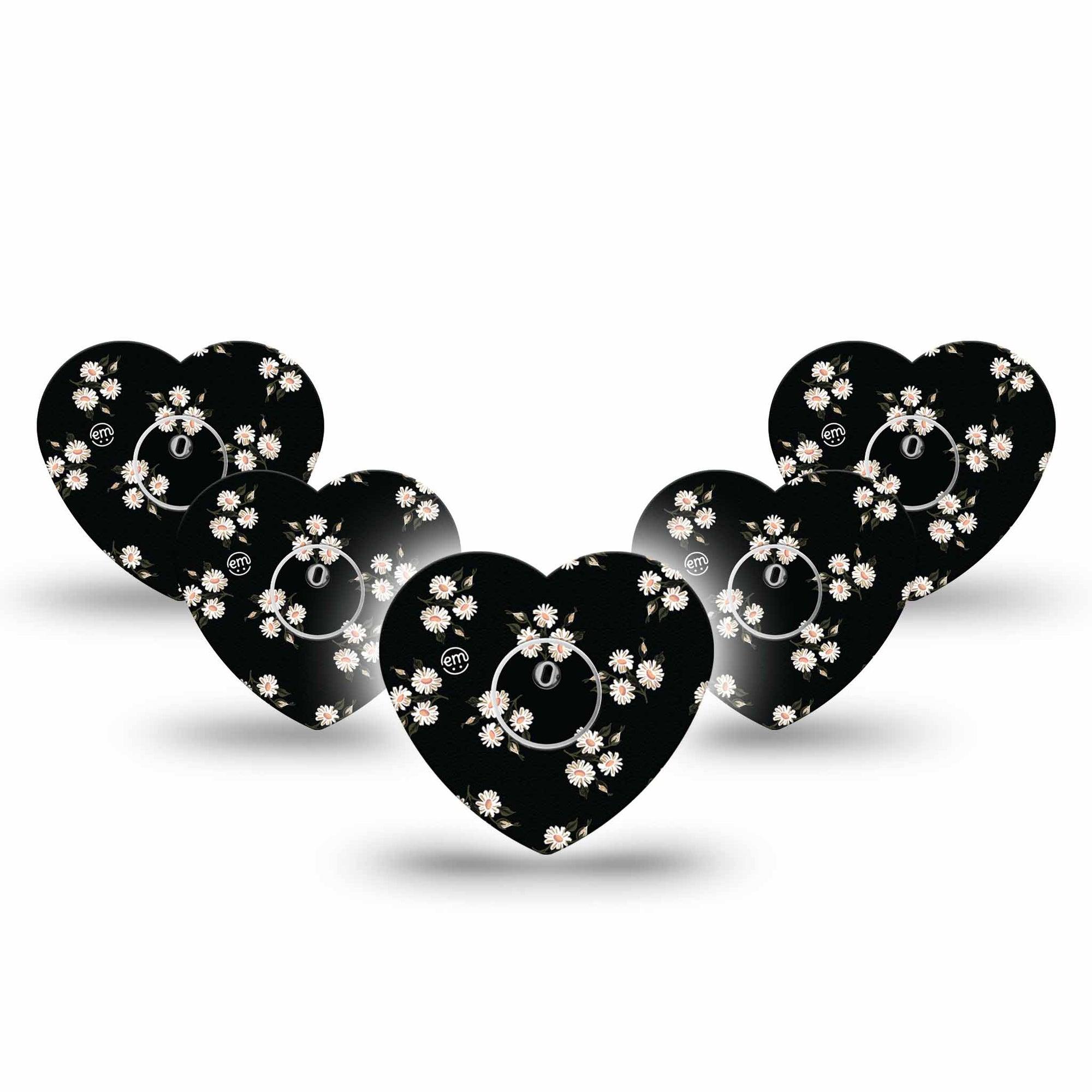 ExpressionMed Black Daisies Freestyle Libre 3 and Libre 3 Plus Heart Shape Tape 5-Pack Tape and 5-Pack Sticker Trio Of Daisy Florals, Patch CGM Design
