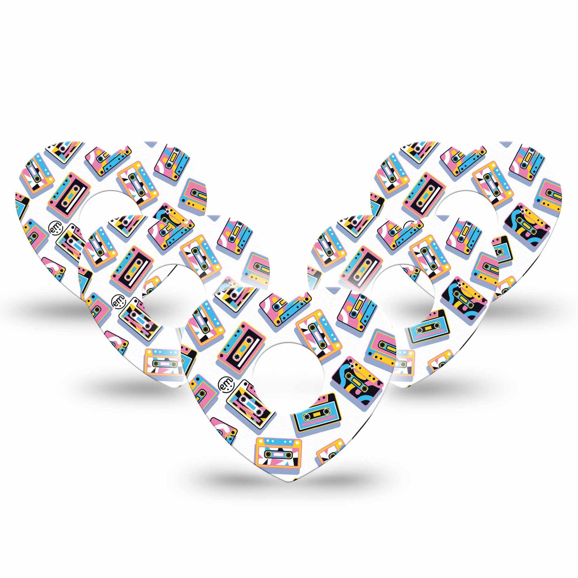 ExpressionMed Vintage Music Tapes Freestyle Libre 3 and Libre 3 Plus Heart Shape Tape 5-Pack Tape Colorful Music Tapes, Patch CGM Design