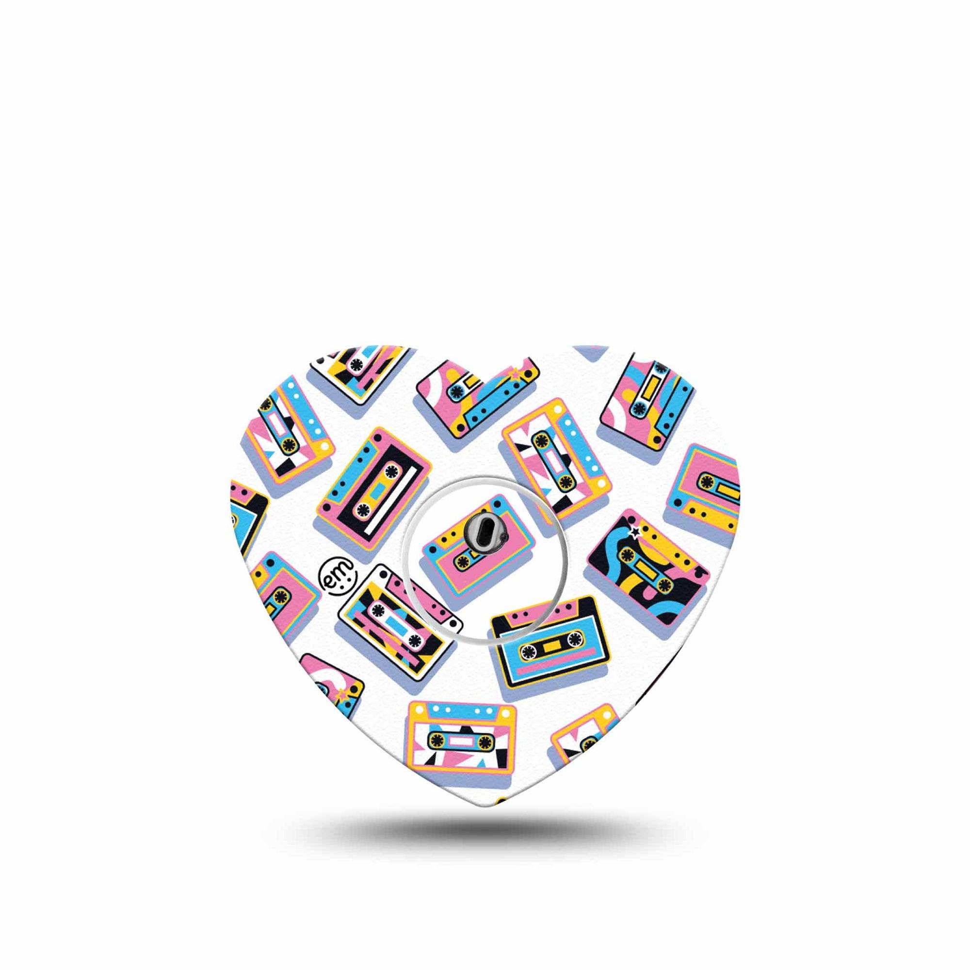 ExpressionMed Vintage Music Tapes Freestyle Libre 3 and Libre 3 Plus Heart Shape Tape Single Tape and Single Sticker Bright Cassette Pattern, Patch CGM Design