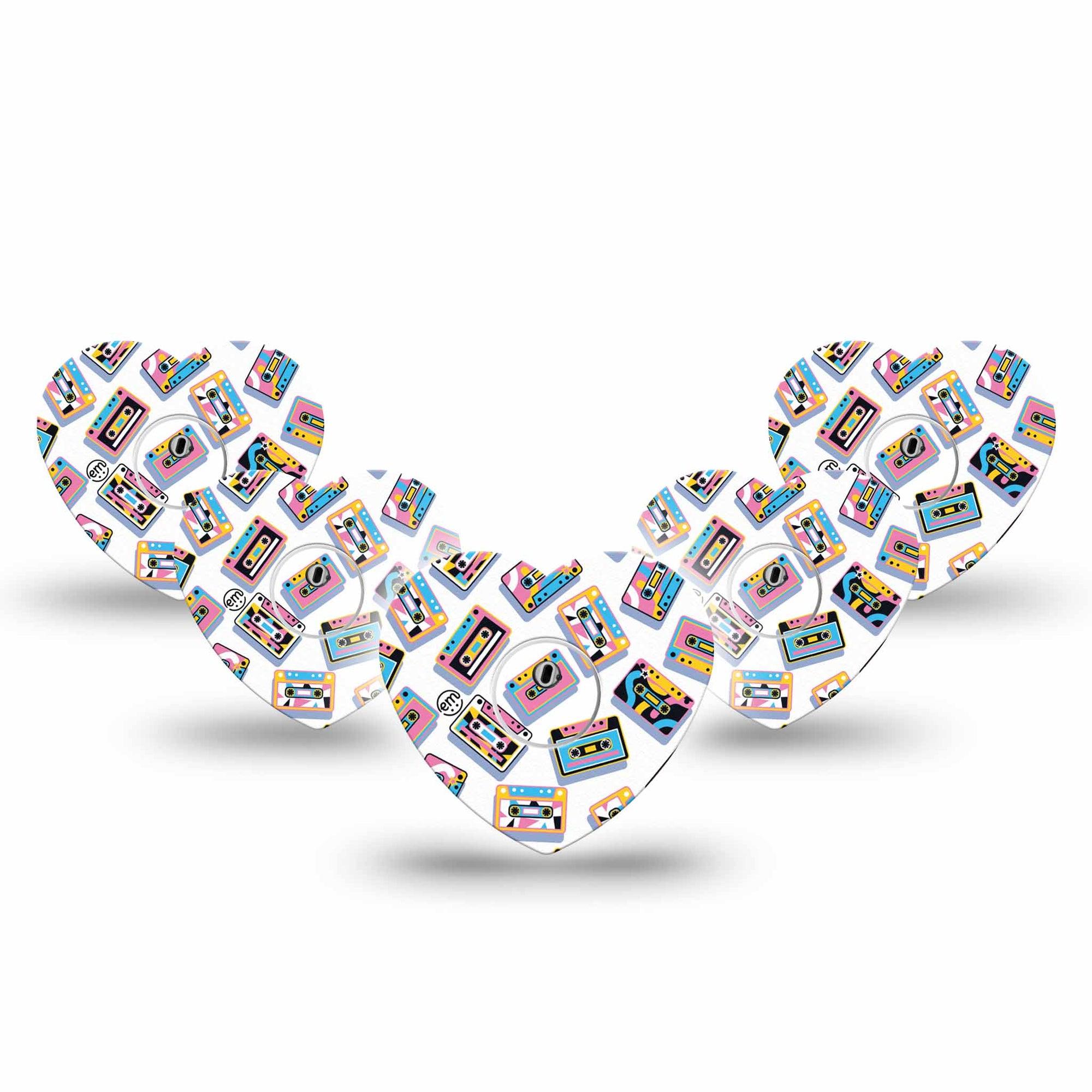 ExpressionMed Vintage Music Tapes Freestyle Libre 3 and Libre 3 Plus Heart Shape Tape 5-Pack Tape and 5-Pack Sticker Funky Bright Music Tapes, Patch CGM Design