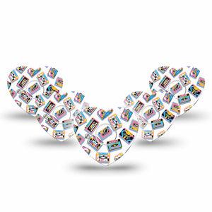 ExpressionMed Vintage Music Tapes Freestyle Libre 3 and Libre 3 Plus Heart Shape Tape 5-Pack Tape and 5-Pack Sticker Funky Bright Music Tapes, Patch CGM Design