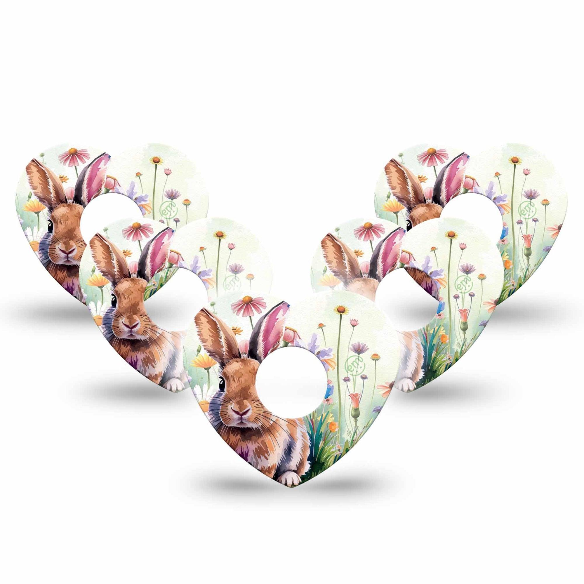 ExpressionMed Watercolor Bunny Freestyle Libre 3 and Libre 3 Plus Heart Shape Tape 5-Pack Tape Bunny And Flowers, Patch CGM Design