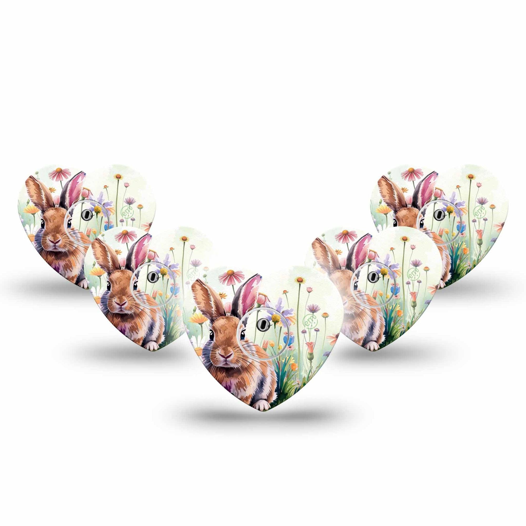 ExpressionMed Watercolor Bunny Freestyle Libre 3 and Libre 3 Plus Heart Shape Tape 5-Pack Tape and 5-Pack Sticker Fluffy Floral Bunny, Patch CGM Design