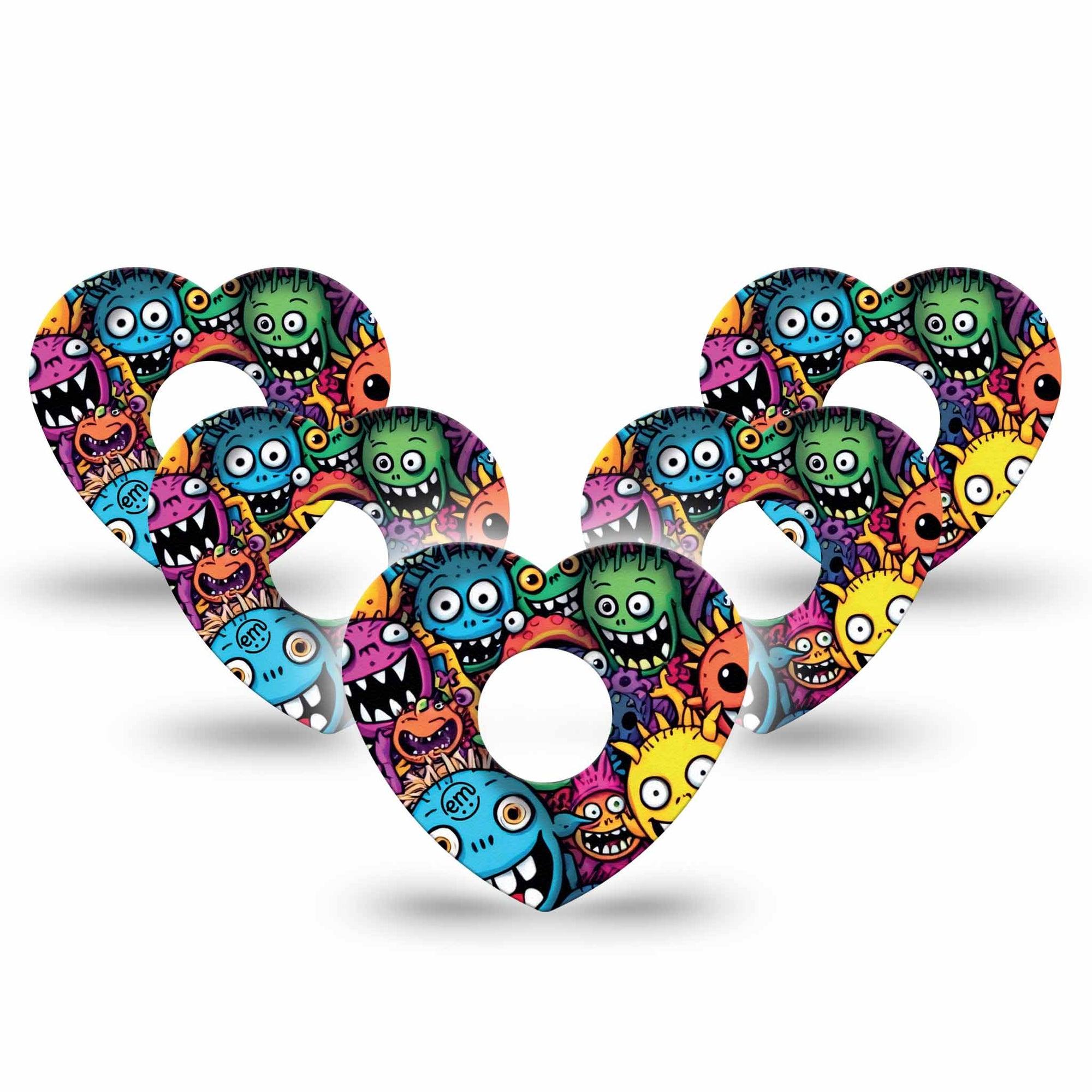 ExpressionMed Funky Monsters Freestyle Libre 3 and Libre 3 Plus Heart Shape Tape 5-Pack Tape Silly Creatures, Adhesive Tape Continuous Glucose Monitor Design
