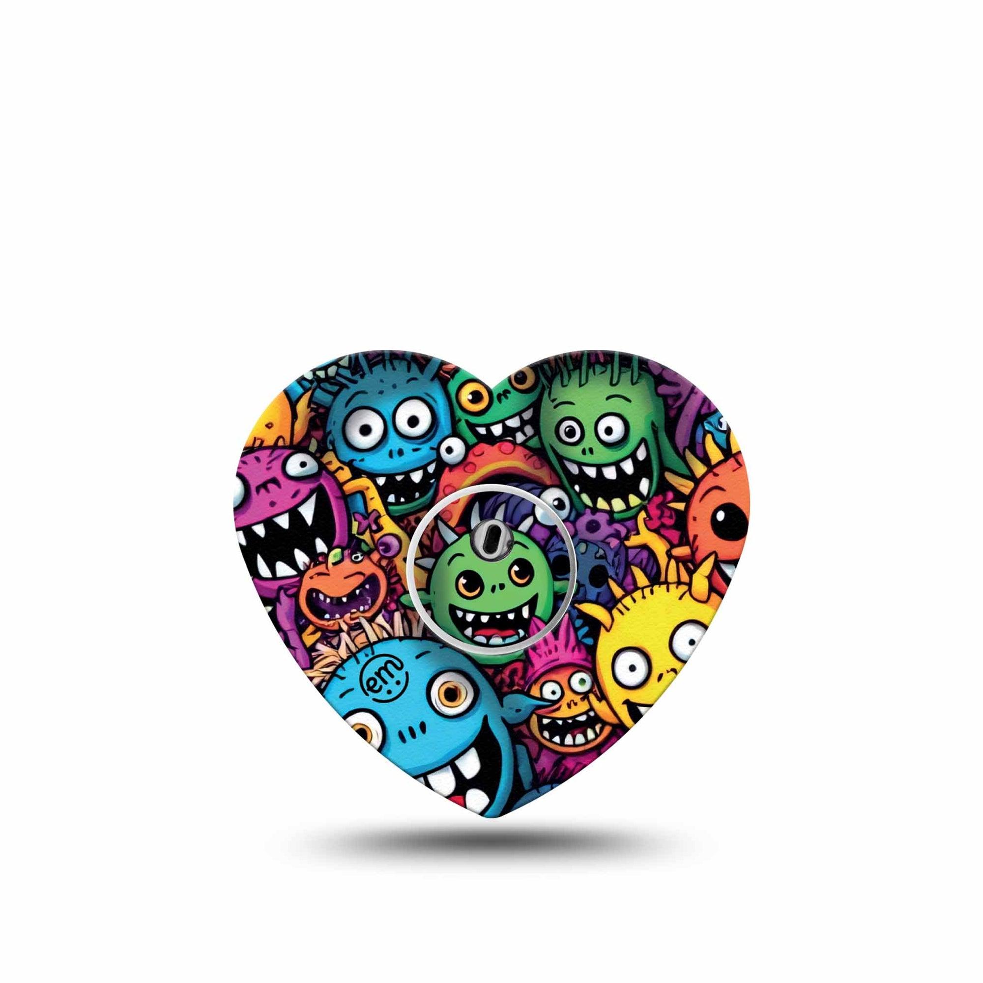 ExpressionMed Funky Monsters Freestyle Libre 3 and Libre 3 Plus Heart Shape Tape Single Tape and Single Sticker Mischievous Creatures, Patch CGM Design