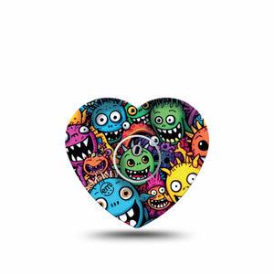 ExpressionMed Funky Monsters Freestyle Libre 3 and Libre 3 Plus Heart Shape Tape Single Tape and Single Sticker Mischievous Creatures, Patch CGM Design