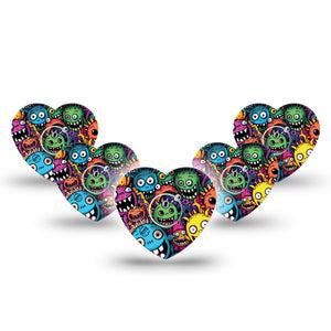 ExpressionMed Funky Monsters Freestyle Libre 3 and Libre 3 Plus Heart Shape Tape 5-Pack Tape and 5-Pack Sticker Bright Scary Fun Monsters, Patch CGM Design