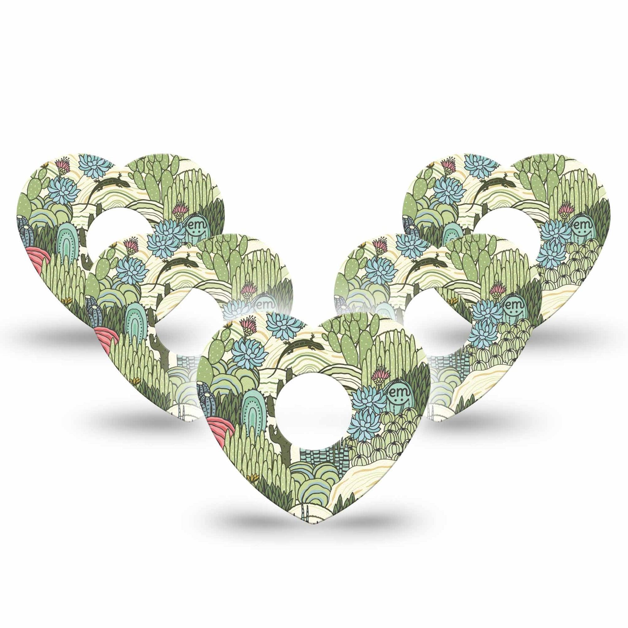 ExpressionMed Cactus Freestyle Libre 3 and Libre 3 Plus Heart Shape Tape 5-Pack Tape Desert Cactus Floral, Patch CGM Design
