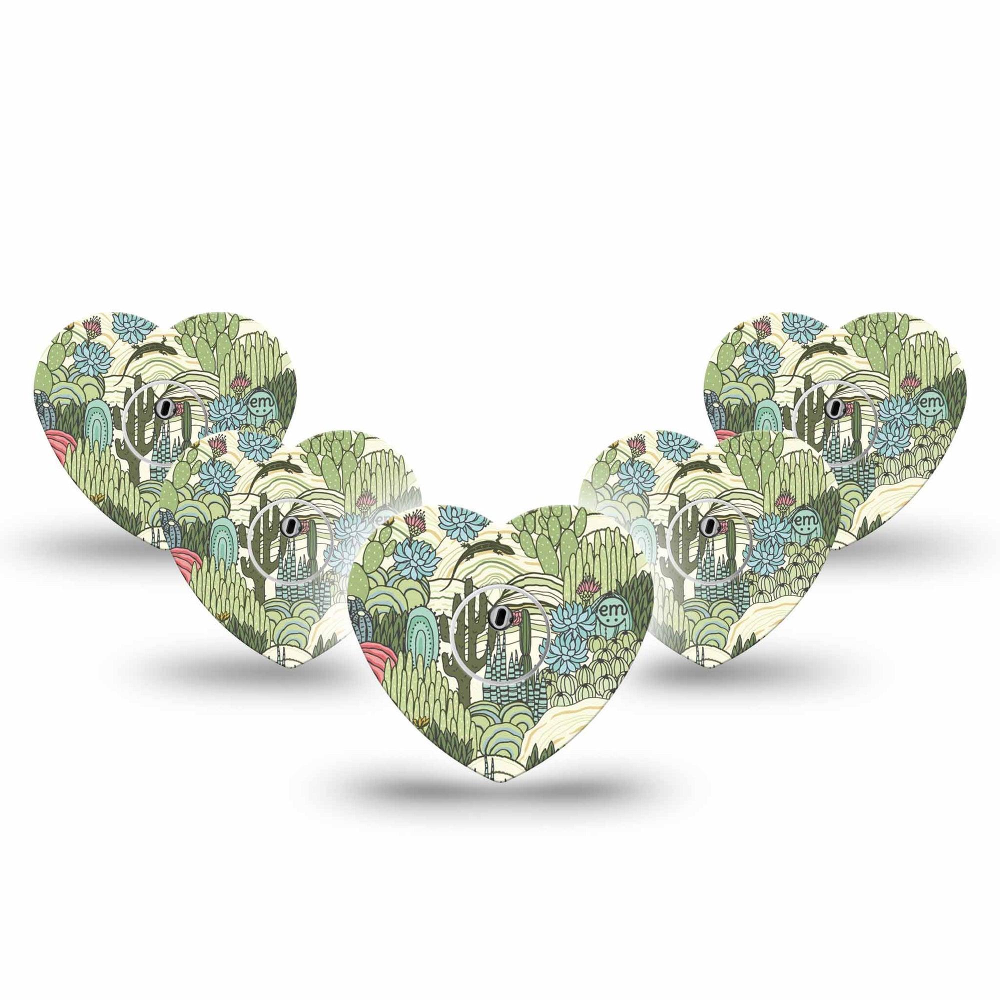 ExpressionMed Cactus Freestyle Libre 3 and Libre 3 Plus Heart Shape Tape 5-Pack Tape and 5-Pack Sticker Desert Life Cactus Iguana, Patch CGM Design
