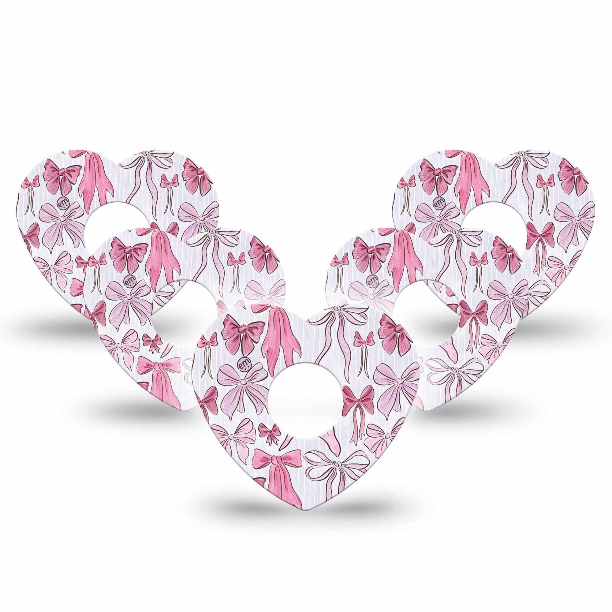 ExpressionMed Bows and Ribbons Freestyle Libre 3 and Libre 3 Plus Heart Shape Tape 5-Pack Tape Baby Pink Ribboned Bows, Patch CGM Design