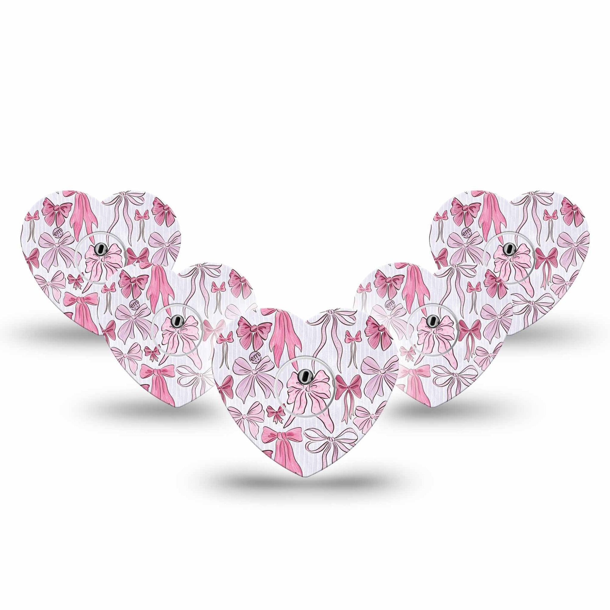 ExpressionMed Bows and Ribbons Freestyle Libre 3 and Libre 3 Plus Heart Shape Tape 5-Pack Tape and 5-Pack Sticker Pink Fabric Ribbon Bow Inspired, Patch CGM Design