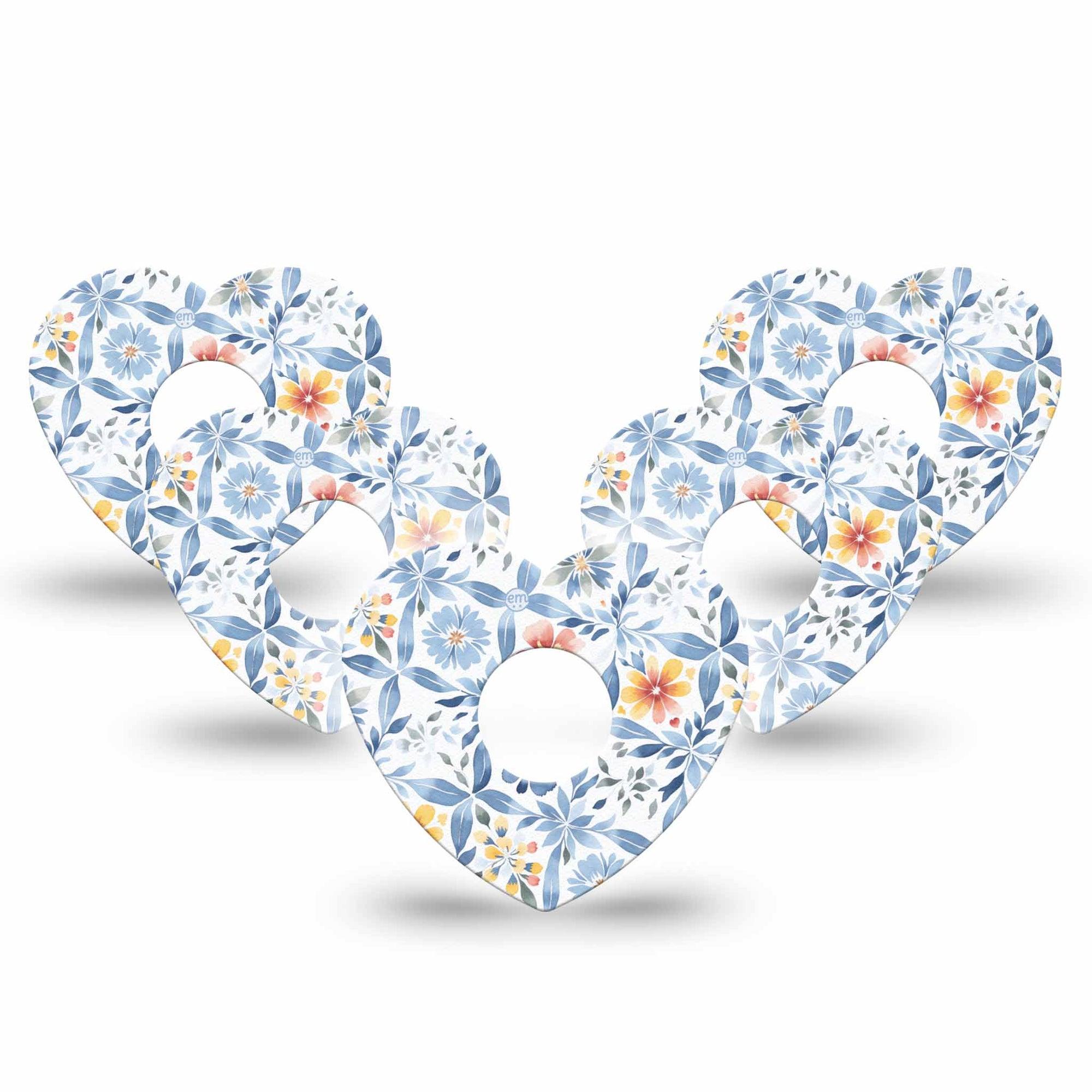 ExpressionMed Blue and Yellow Tile Freestyle Libre 3 and Libre 3 Plus Flower Shape Tape 5-Pack Tape Aesthetic Blue Floral Tile Pattern, Plaster CGM Design