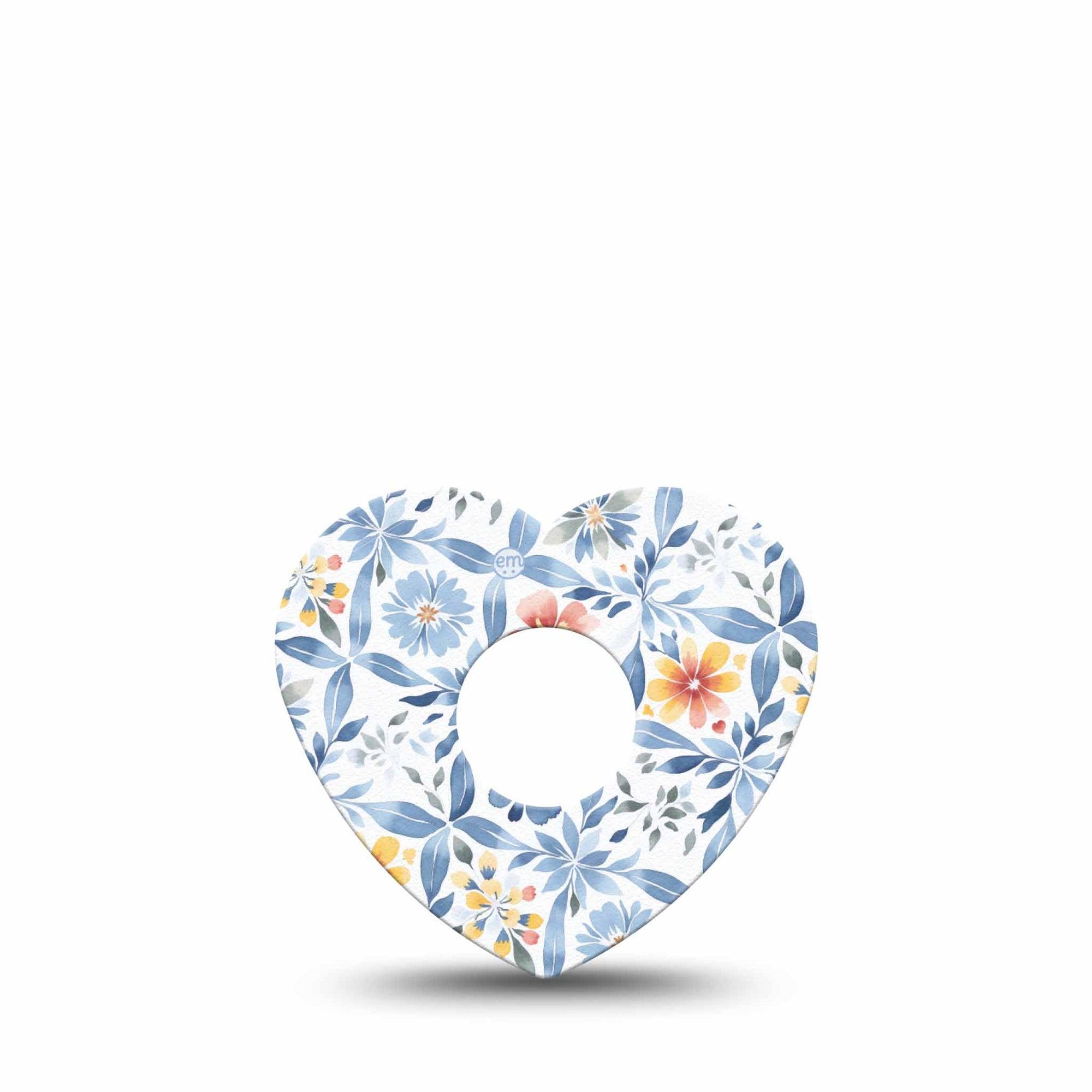 ExpressionMed Blue and Yellow Tile Freestyle Libre 3 and Libre 3 Plus Flower Shape Tape Single Tape Soft Blue Tile Orange Florals, Plaster CGM Design