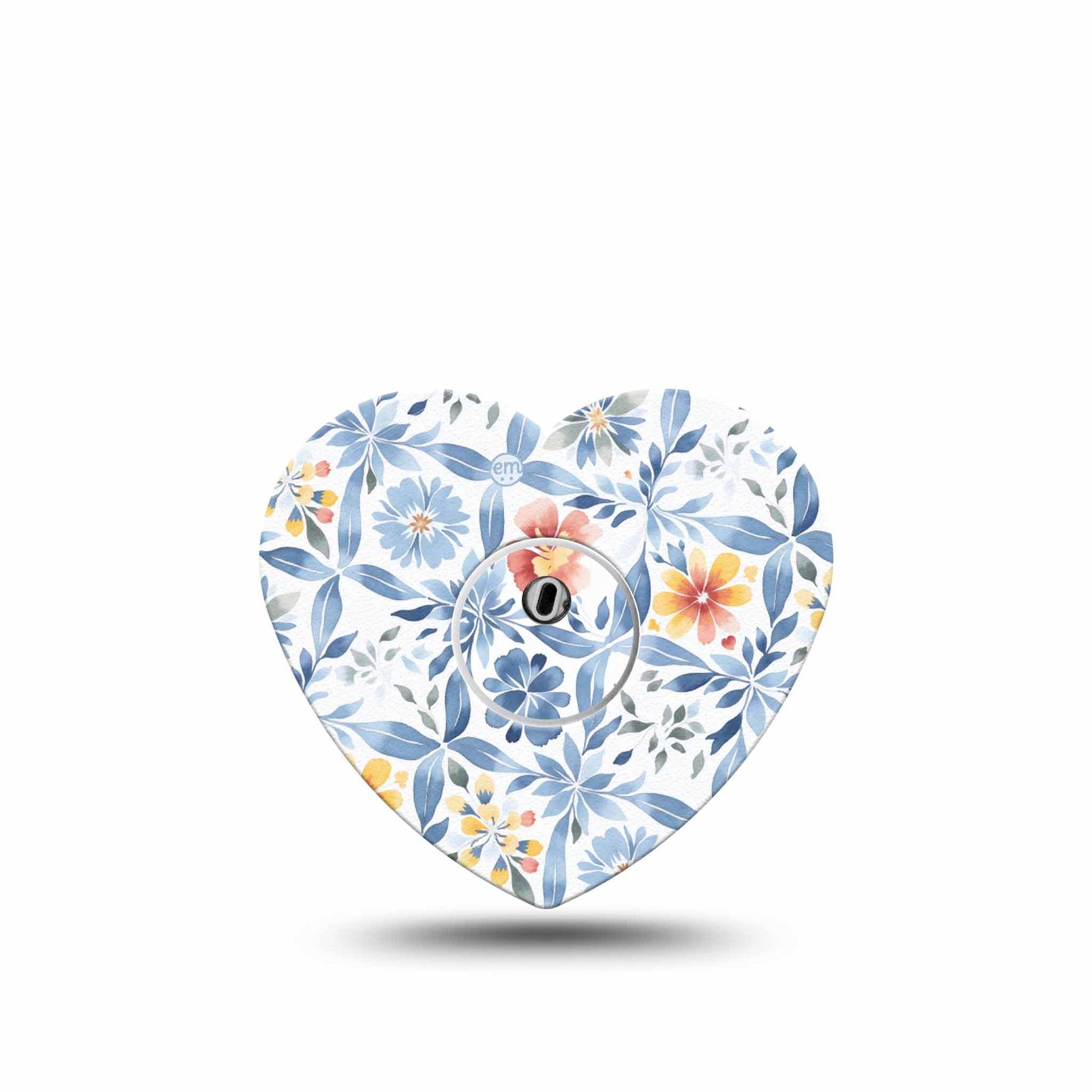 ExpressionMed Blue and Yellow Tile Freestyle Libre 3 and Libre 3 Plus Flower Shape Tape Single Tape and Single Sticker Soft Blue Tile Orange Florals, Plaster CGM Design