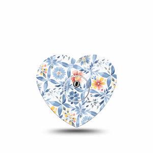 ExpressionMed Blue and Yellow Tile Freestyle Libre 3 and Libre 3 Plus Flower Shape Tape Single Tape and Single Sticker Soft Blue Tile Orange Florals, Plaster CGM Design