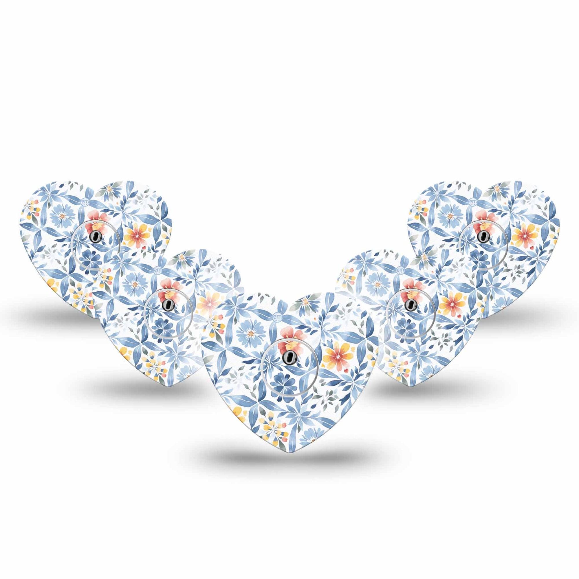 ExpressionMed Blue and Yellow Tile Freestyle Libre 3 and Libre 3 Plus Flower Shape Tape 5-Pack Tape and 5-Pack Sticker Lightly Painted Tile Pottery Inspired, Plaster CGM Design