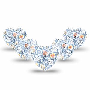 ExpressionMed Blue and Yellow Tile Freestyle Libre 3 and Libre 3 Plus Flower Shape Tape 5-Pack Tape and 5-Pack Sticker Lightly Painted Tile Pottery Inspired, Plaster CGM Design