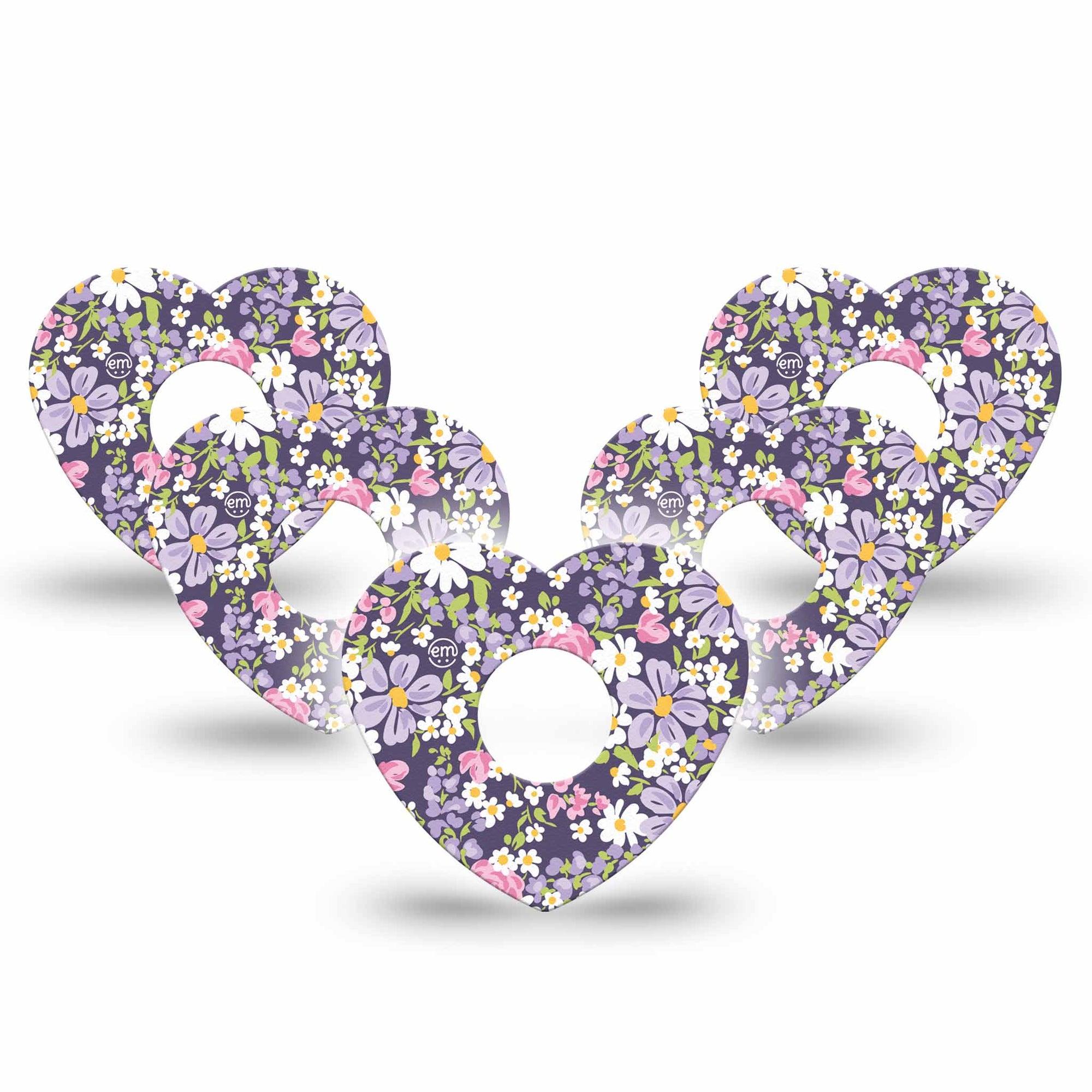 ExpressionMed Purple and Pink Flowers Freestyle Libre 3 and Libre 3 Plus Heart Shape Tape 5-Pack Tape Girly Lavender Pink Flower Print, Patch CGM Design