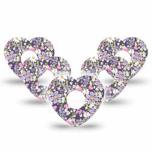 ExpressionMed Purple and Pink Flowers Freestyle Libre 3 and Libre 3 Plus Heart Shape Tape 5-Pack Tape Girly Lavender Pink Flower Print, Patch CGM Design