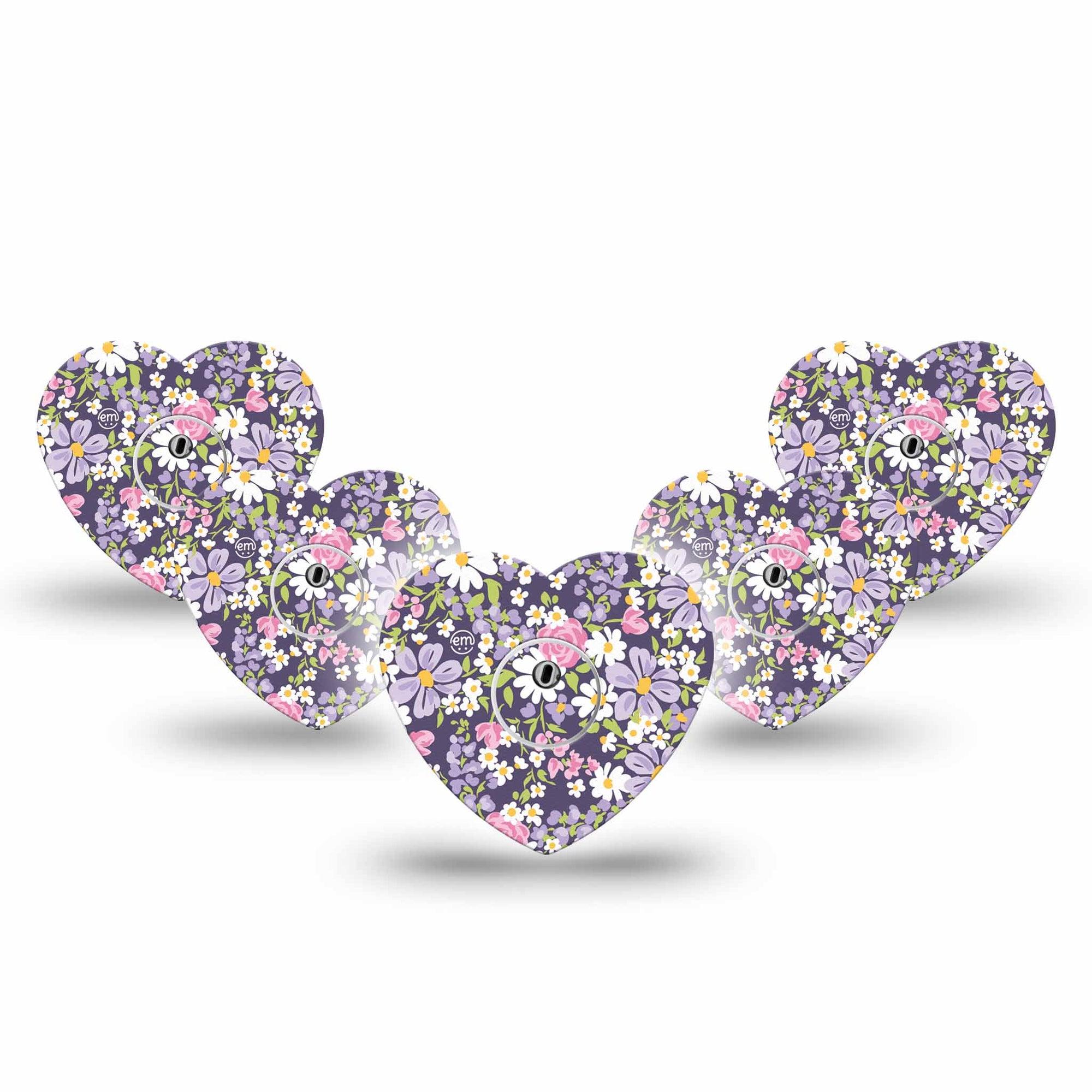 ExpressionMed Purple and Pink Flowers Freestyle Libre 3 and Libre 3 Plus Heart Shape Tape 5-Pack Tape and 5-Pack Sticker Girly Lavender Pink Flower Print, Patch CGM Design