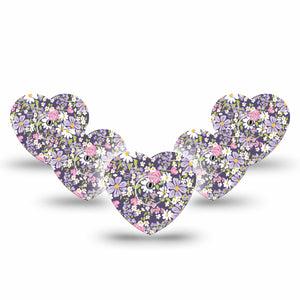 ExpressionMed Purple and Pink Flowers Freestyle Libre 3 and Libre 3 Plus Heart Shape Tape 5-Pack Tape and 5-Pack Sticker Girly Lavender Pink Flower Print, Patch CGM Design