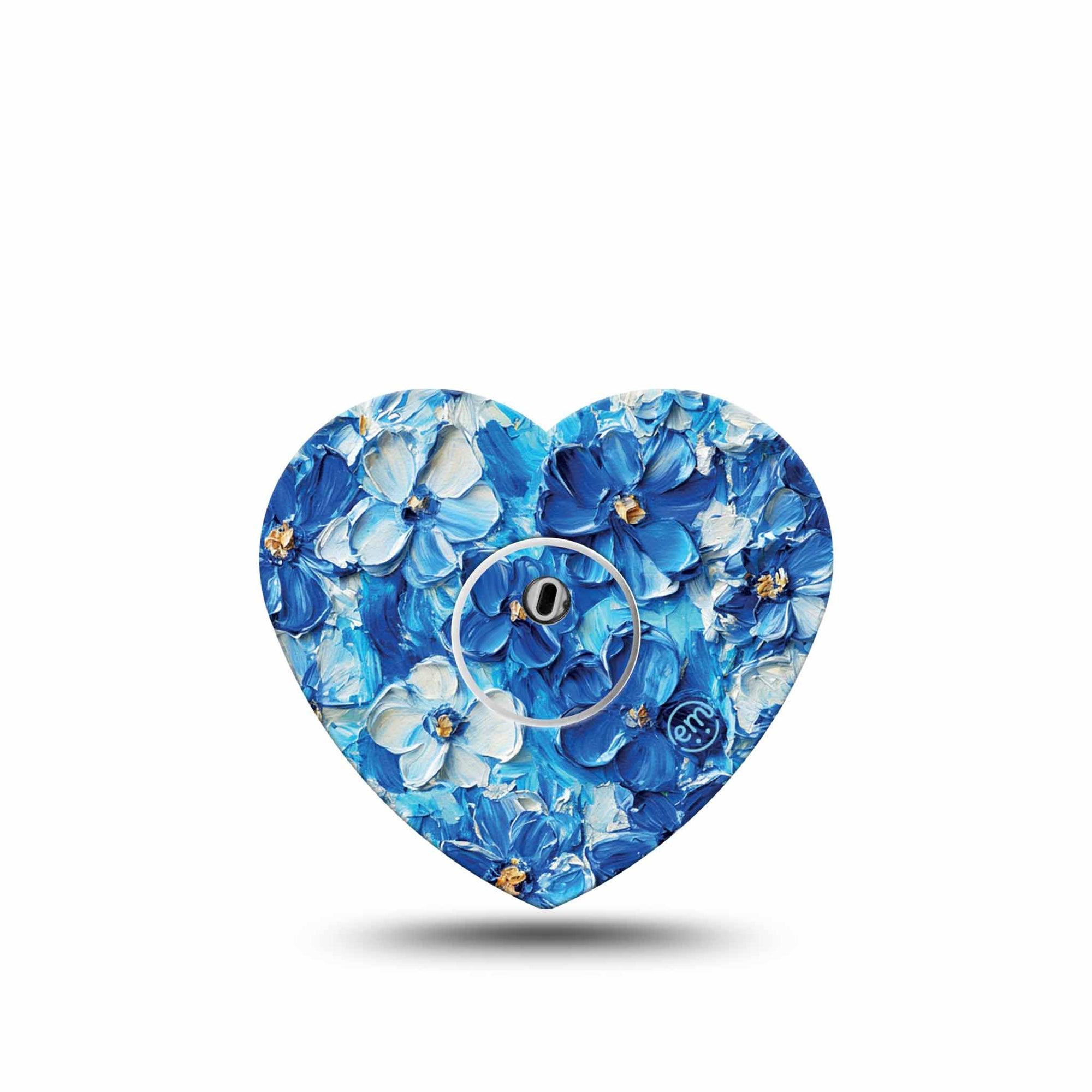 ExpressionMed Blue Paint Freestyle Libre 3 and Libre 3 Plus Heart Shape Tape Single Tape and Single Sticker Acrylic Blue White Bouquet, Adhesive Tape Continuous Glucose Monitor Design