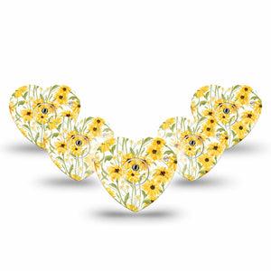ExpressionMed Yellow Mosaic Floral Freestyle Libre 3 and Libre 3 Plus Heart Shape Tape 5-Pack Tape and 5-Pack Sticker Happy Sunflowers, Patch CGM Design