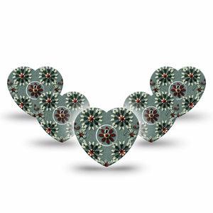 ExpressionMed Green Embroidery Freestyle Libre 3 and Libre 3 Plus Heart Shape Tape 5-Pack Tape and 5-Pack Sticker Geometrical Flower Knit Inspired, Patch CGM Design