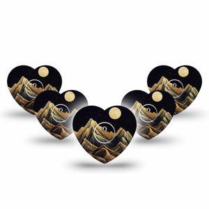 ExpressionMed Black Mountain Freestyle Libre 3 and Libre 3 Plus Heart Shape Tape 5-Pack Tape and 5-Pack Sticker Gold Black Line Mountain Peaks, Patch CGM Design