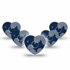 ExpressionMed Blue Swirls Freestyle Libre 3 and Libre 3 Plus Heart Shape Tape 5-Pack Tape and 5-Pack Sticker Twisting Spirals, Patch CGM Design