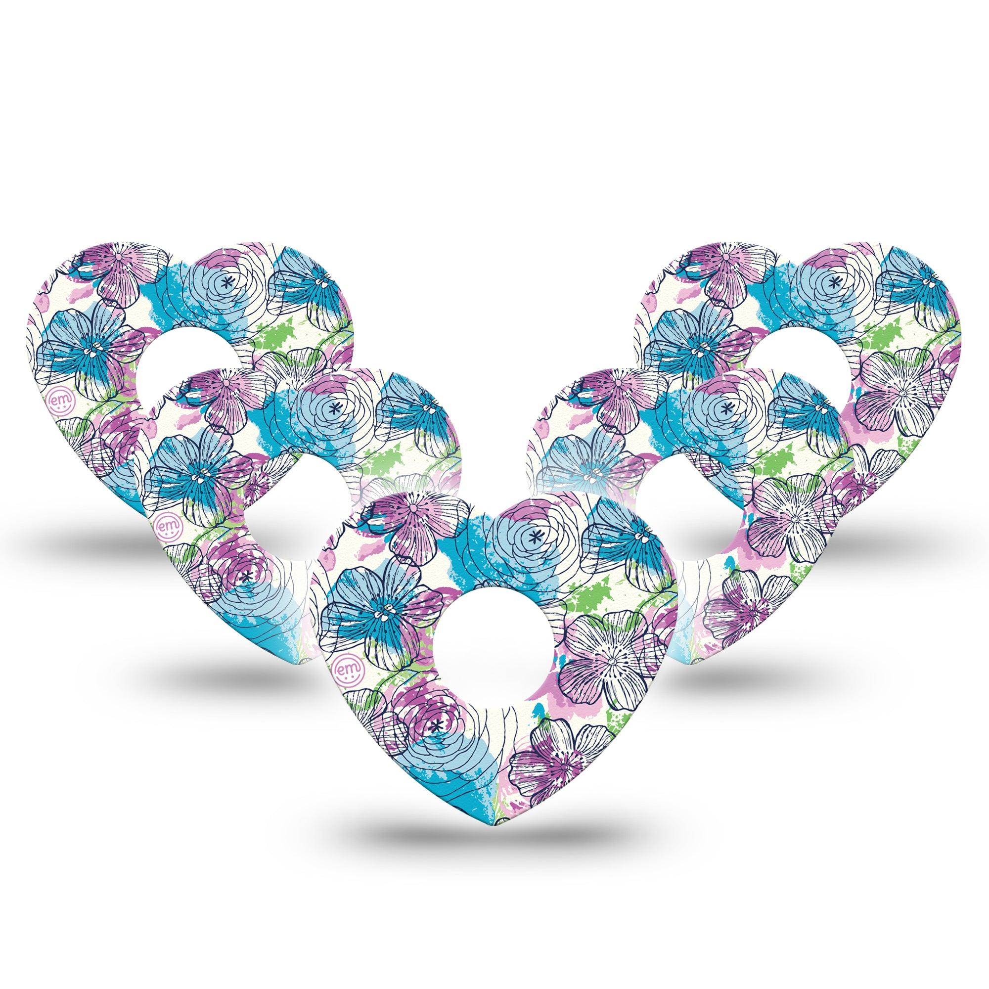 ExpressionMed Stenciled Flowers Heart Libre 3 Tape, 5-Pack, Color Splashes Inspired, CGM Overlay Patch Design