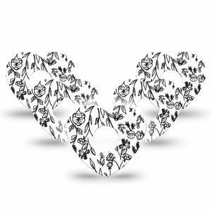 ExpressionMed Custom Black and White Floral Freestyle Libre 3 and Libre 3 Plus Heart Shape Tape 5-Pack Tape Floral Customization Overlay Tape CGM Design