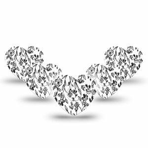 ExpressionMed Custom Black and White Floral Freestyle Libre 3 and Libre 3 Plus Heart Shape Tape 5-Pack Tape and 5-Pack Sticker Black White Petals Overlay Tape CGM Design