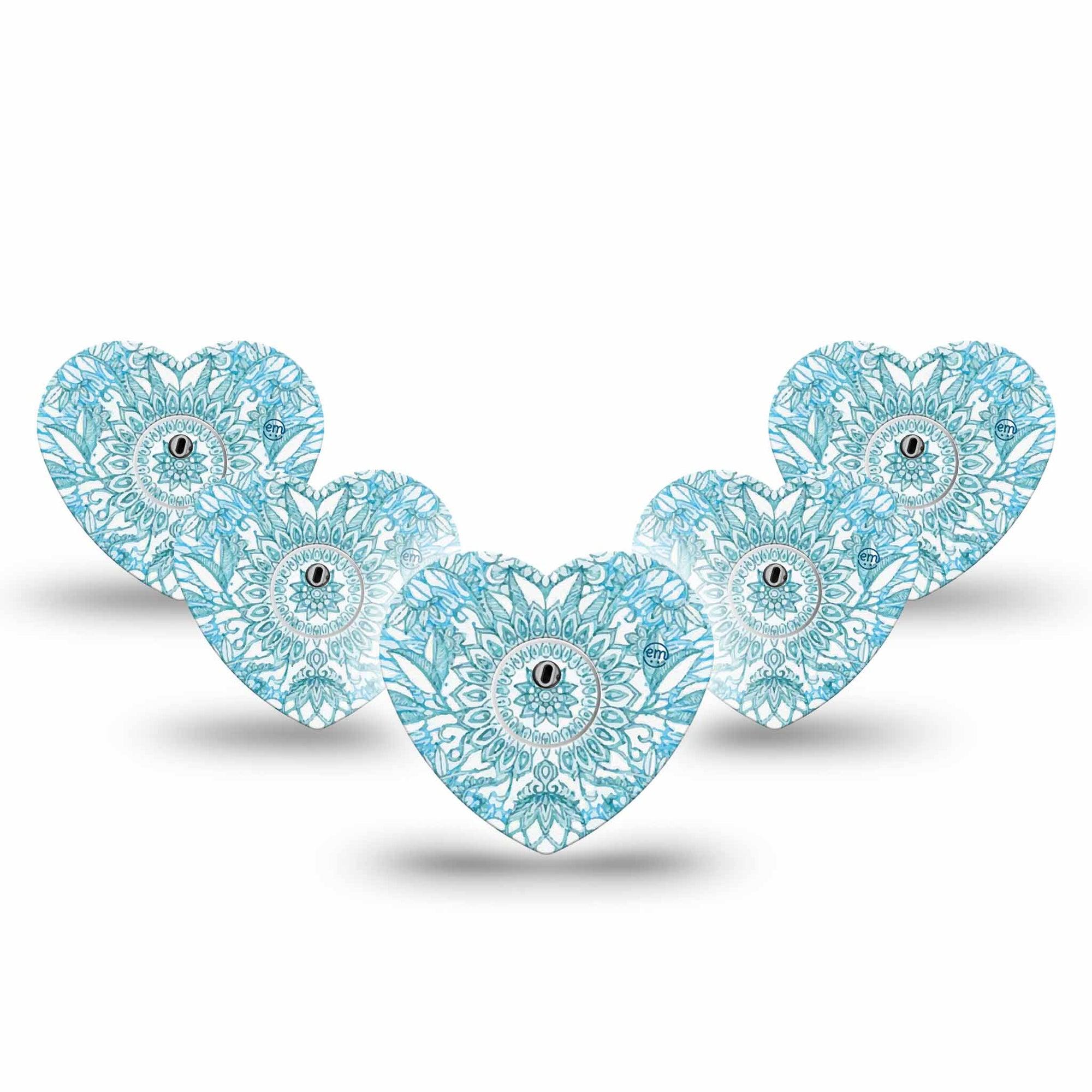 ExpressionMed Aqua Floral Freestyle Libre 3 and Libre 3 Plus Heart Shape Tape 5-Pack Tape and 5-Pack Sticker Water Blossoms Patch CGM Design