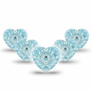 ExpressionMed Aqua Floral Freestyle Libre 3 and Libre 3 Plus Heart Shape Tape 5-Pack Tape and 5-Pack Sticker Water Blossoms Patch CGM Design