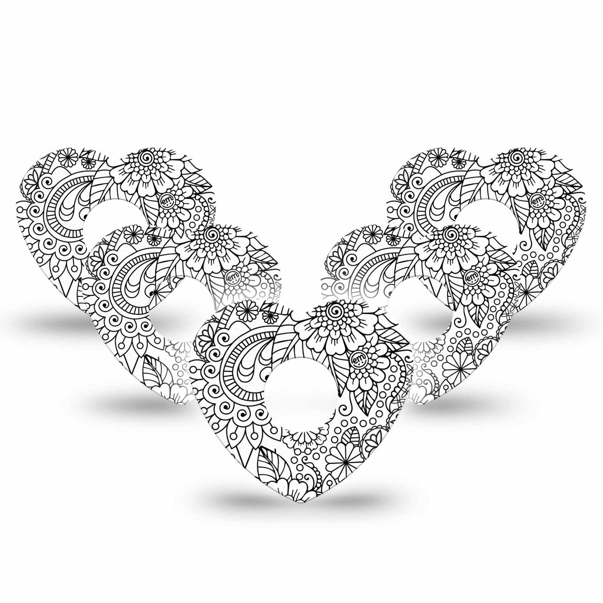 ExpressionMed Color Me Flower Freestyle Libre 3 and Libre 3 Plus Heart Shape Tape 5-Pack Tape Monochrome Blossoms Overlay Tape CGM Design